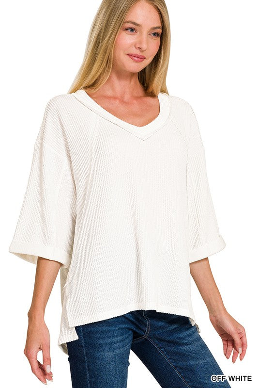 @Highs And Lows Off White Corded Rib Knit Top (Size Small)