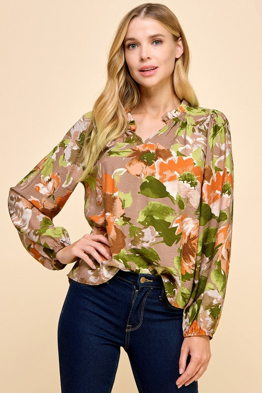 @/ Watercolors Floral Print Ruffled V Neck Blouse