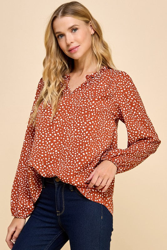 @/ Lovely Day Rust Polka Dot Blouse