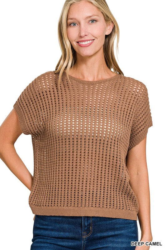 Hollow There Deep Camel Crochet Knit Hollow Out Sweater Top - Catching Fireflies Boutique