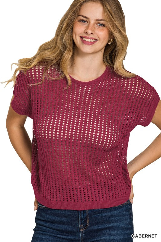 Hollow There Cabernet Crochet Knit Hollow Out Sweater Top - Catching Fireflies Boutique