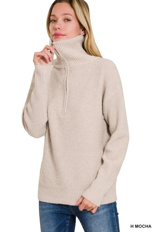 @/ Zip It Up High Collar Heather Mocha Sweater