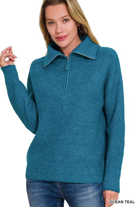 @/ Zip It Up High Collar Ocean Teal Sweater