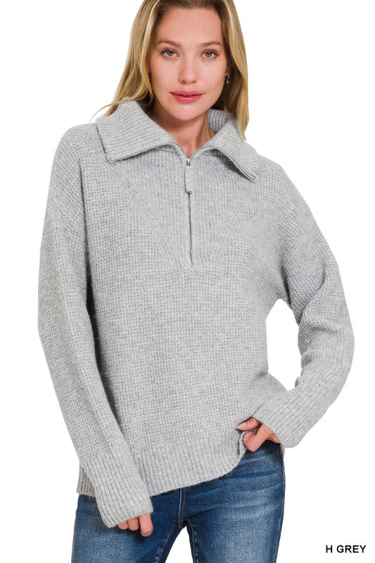 @/ Zip It Up High Collar Heather Grey Sweater