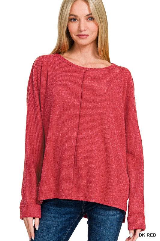 Center Of Attention Dark Red Ribbed Dolman Sleeve Sweater (Size L/XL)