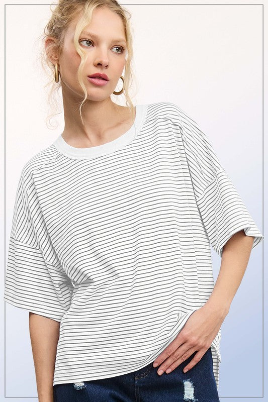 In The Headlines Heather Grey Stripe Short Sleeve Top