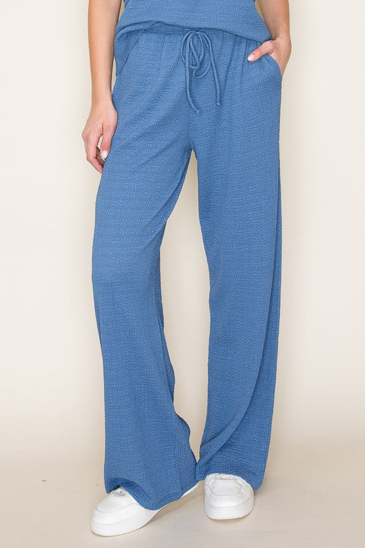 Relaxing Weekend Denim Drawstring Crinkle Pants (Size Large) - Catching Fireflies Boutique