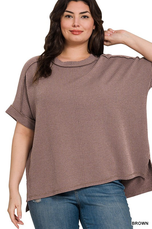 Going Strong Plus Brown Corded Raw Edge Top - Catching Fireflies Boutique
