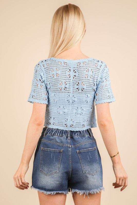 Its Your Day Sky Blue Crochet Crop Top - Catching Fireflies Boutique