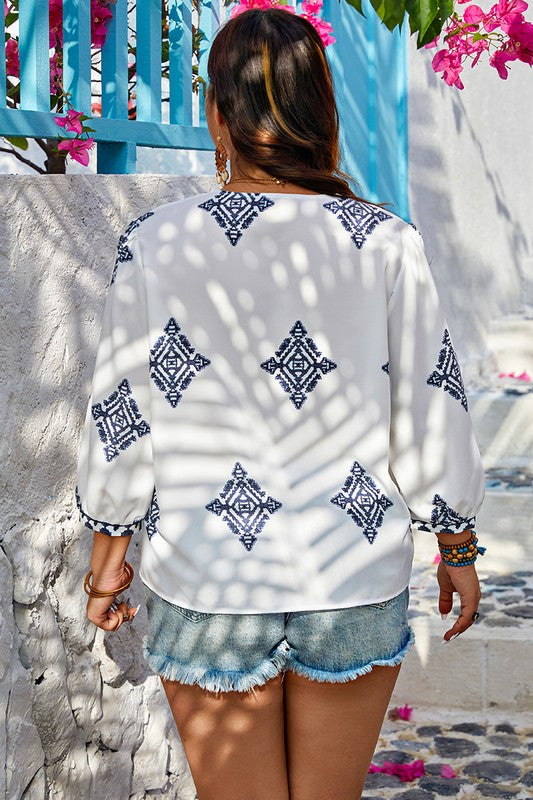 Mandala Motives Plus Navy Printed Mid Sleeve Blouse