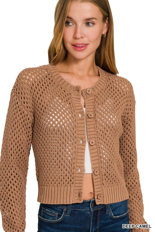 Modern Threads Deep Camel Crochet Button Cardigan - Catching Fireflies Boutique