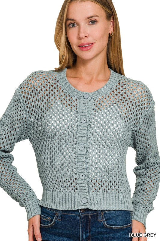 Modern Threads Blue Grey Crochet Button Cardigan - Catching Fireflies Boutique