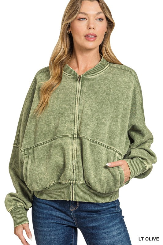 Go Everywhere Light Olive Acid Wash Fleece Jacket - Catching Fireflies Boutique