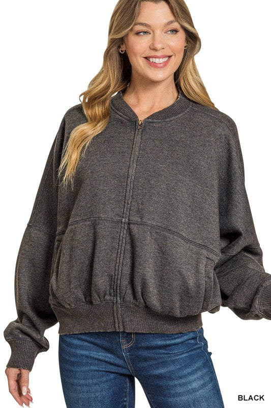 Go Everywhere Black Acid Wash Fleece Jacket - Catching Fireflies Boutique