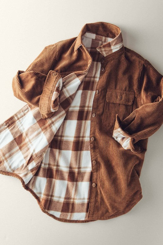 Warm Hearts Brown Corduroy Plaid Shacket - Catching Fireflies Boutique