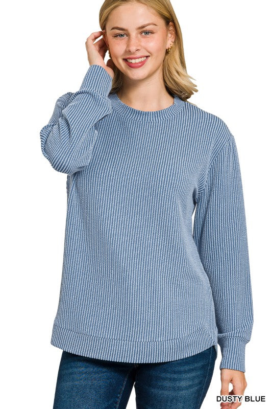 Around The Campfire Dusty Blue Raised Rib Long Sleeve Top - Catching Fireflies Boutique