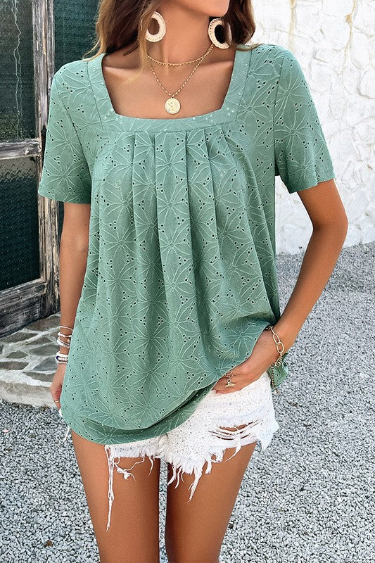 @/ Eyelet You In Green Square Neck Top