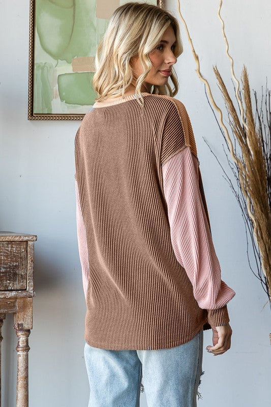 / Just For You Chestnut Color Block Ribbed Top