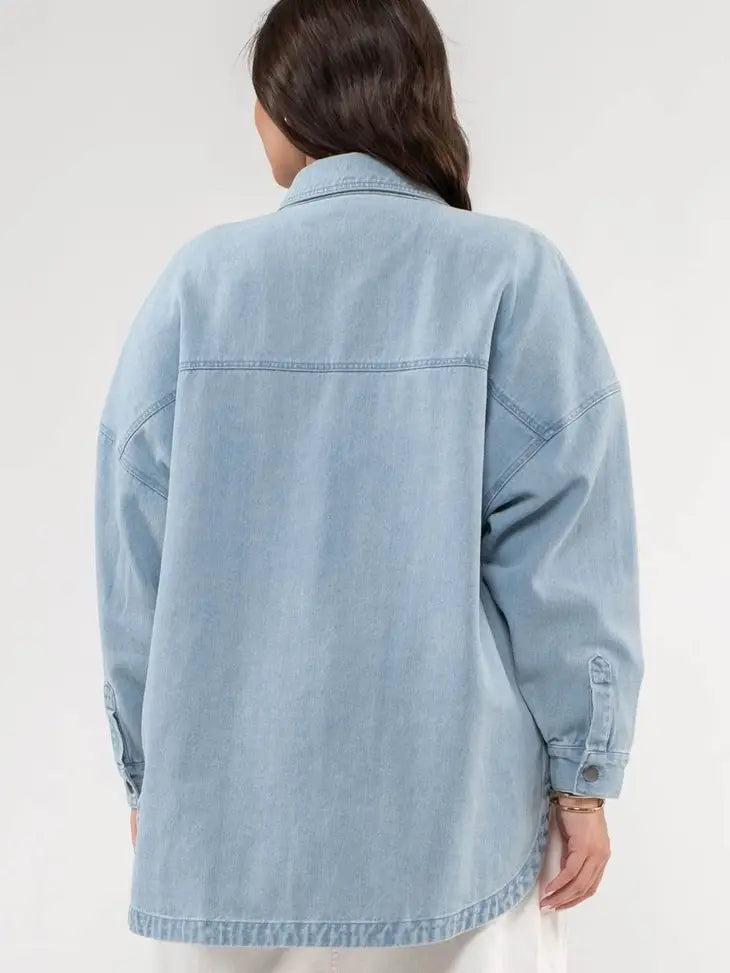 / Polished And Poised Plus Light Denim Shacket - Catching Fireflies Boutique
