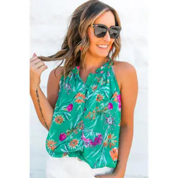 @: Its So Easy Bright Green Floral Sleeveless Top