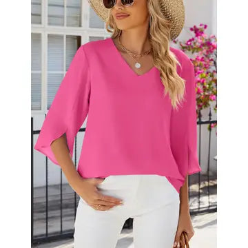 @/ Roses And Romance Plus Pink Chiffon Mid Sleeve Blouse