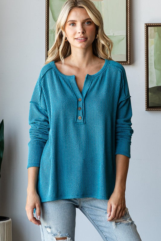 / Dropping Hints Teal Ribbed Partial Button Top