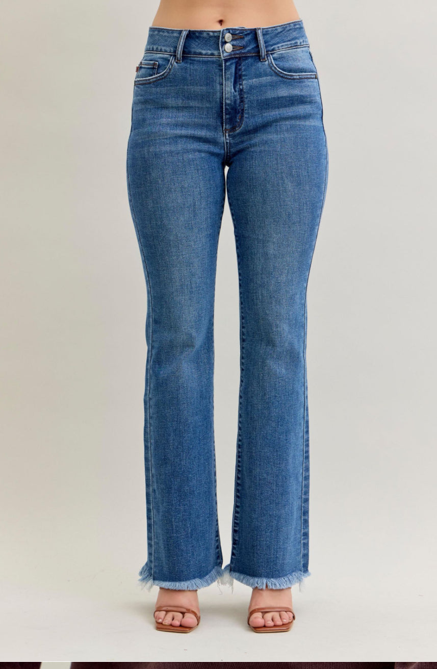 Amora Judy Blue Boot Cut Fray Hem Jeans - Catching Fireflies Boutique