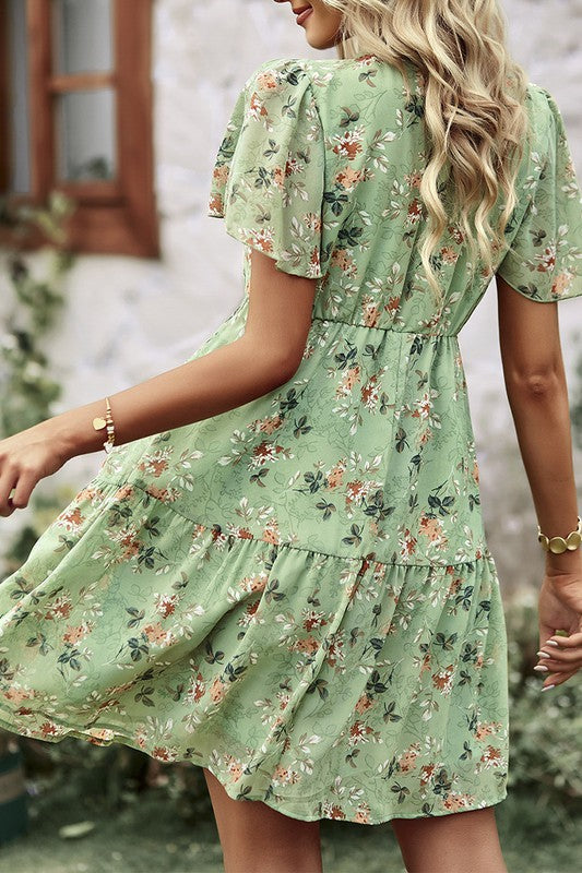 : Free As A Bird Green Floral Print Mini Dress - Catching Fireflies Boutique