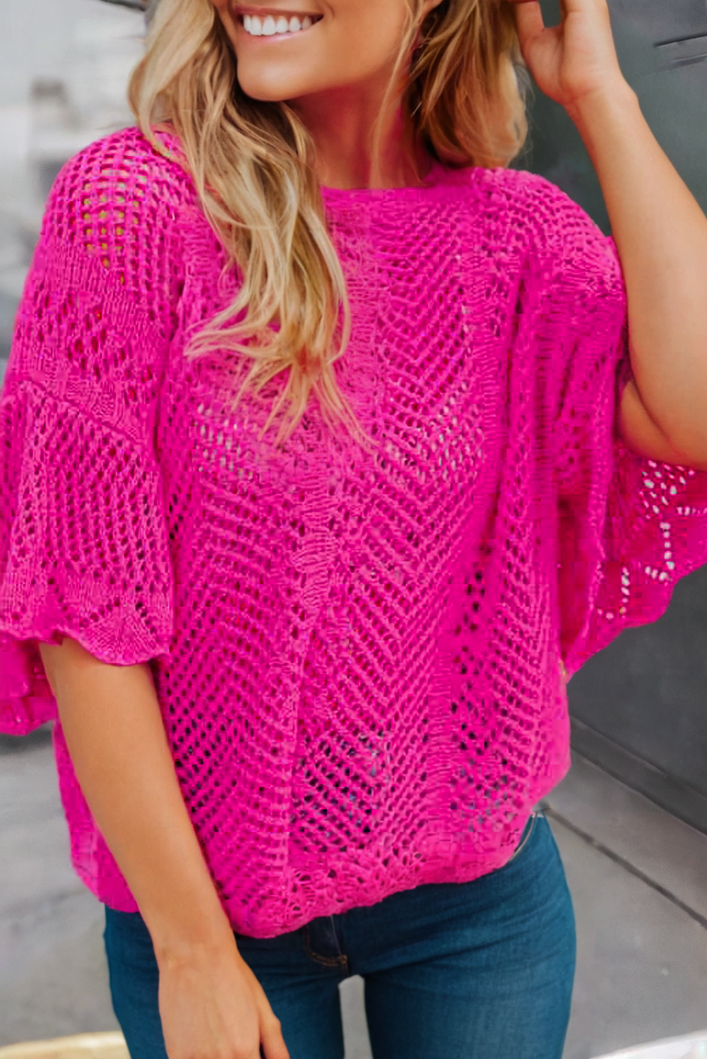 / Rose Red Pointelle Knit Scallop Edge Knit Top - Catching Fireflies Boutique