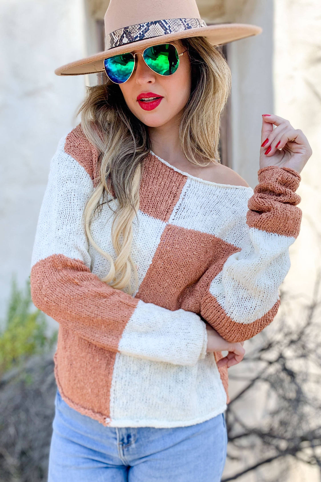 / Apricot Color Block Long Sleeve Sweater - Catching Fireflies Boutique