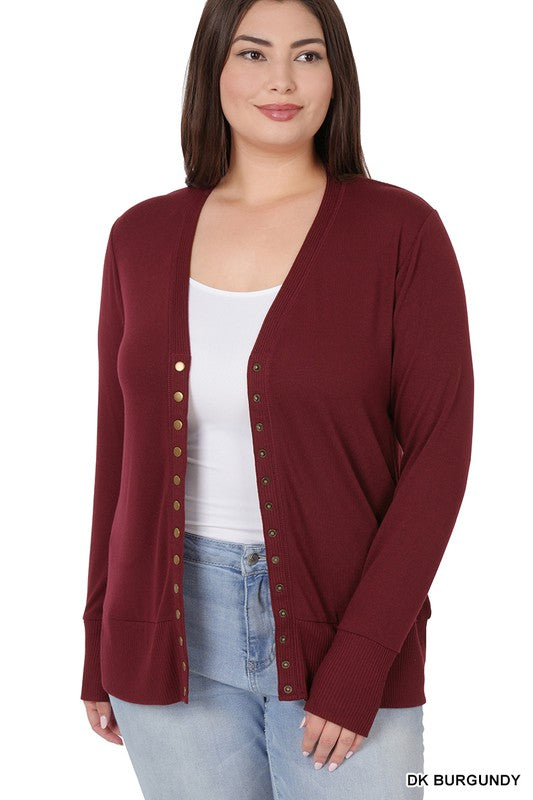 : Dont Worry Be Snappy Dark Burgundy Snap Cardigan - Catching Fireflies Boutique