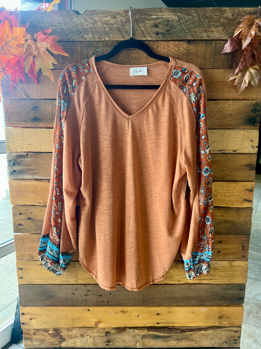 Casual Charm Rust Boho Contrast Print Sleeve Knit Top - Catching Fireflies Boutique