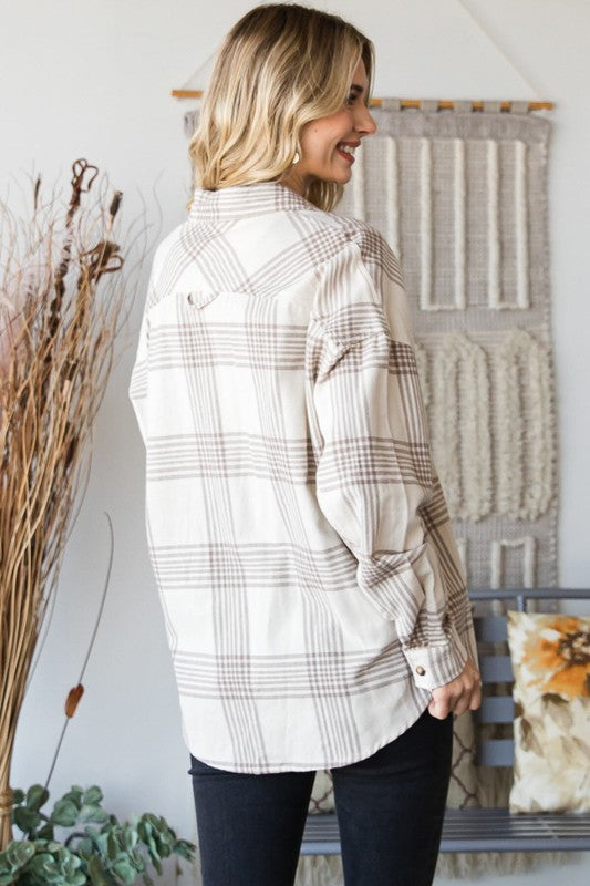 / Practically Perfect Taupe Plaid Shirt - Catching Fireflies Boutique