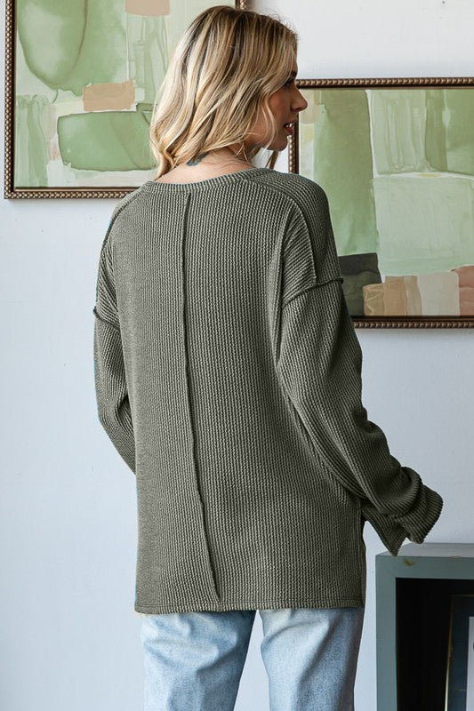 / Dropping Hints Olive Ribbed Partial Button Top