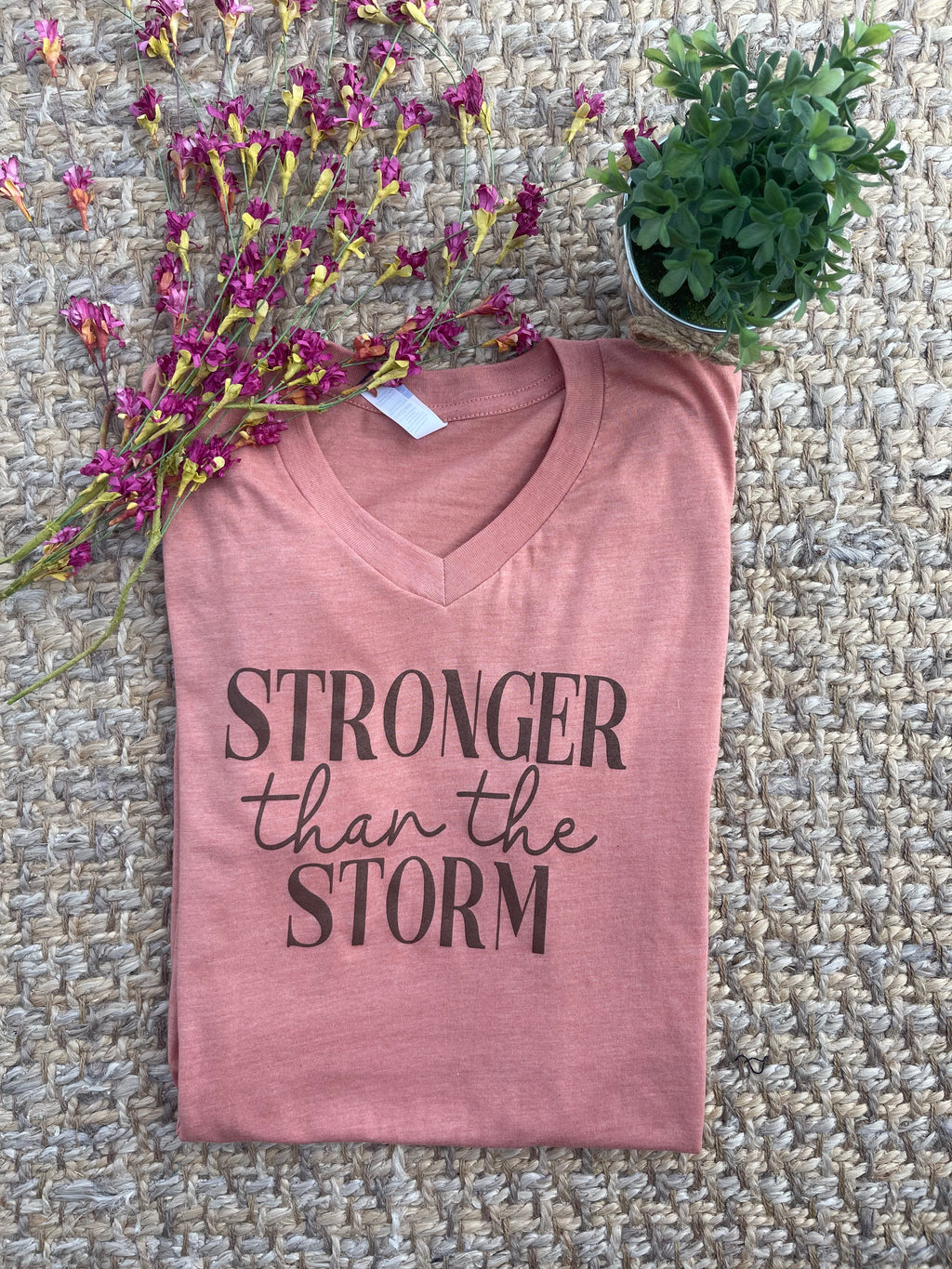 / Stronger than the Storm Terracotta V-Neck Graphic Tee - Catching Fireflies Boutique