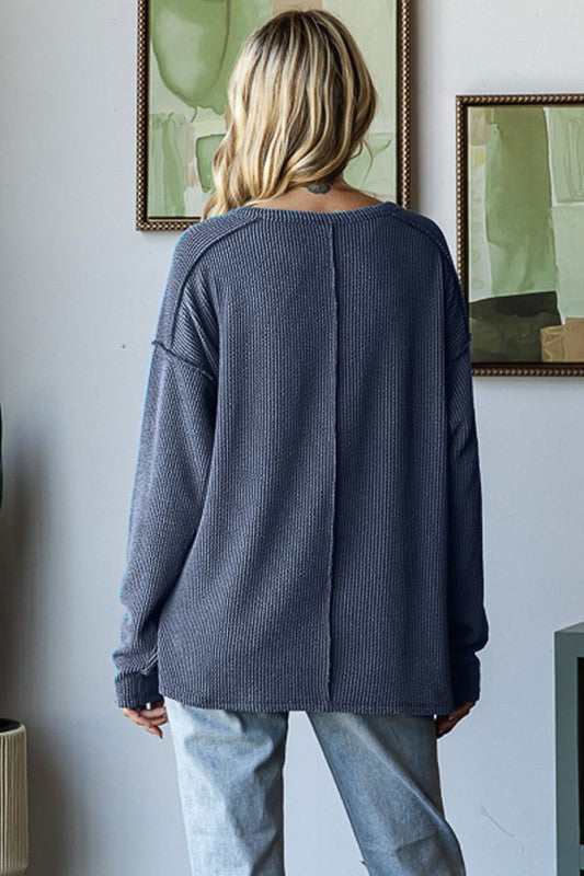 / Dropping Hints Dark Denim Ribbed Partial Button Top