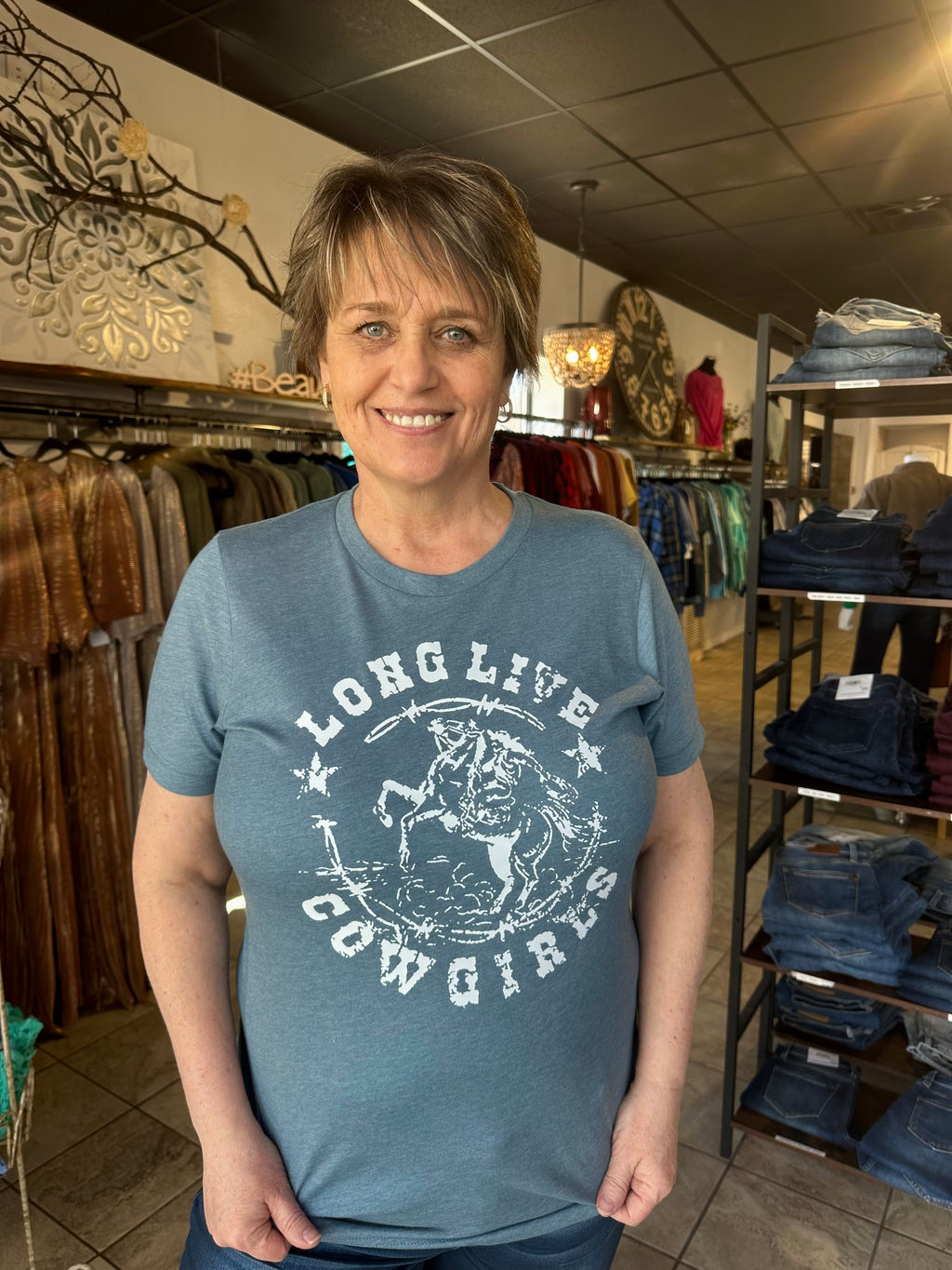 / Slate Blue Long Live Cowgirls Graphic Tee - Catching Fireflies Boutique