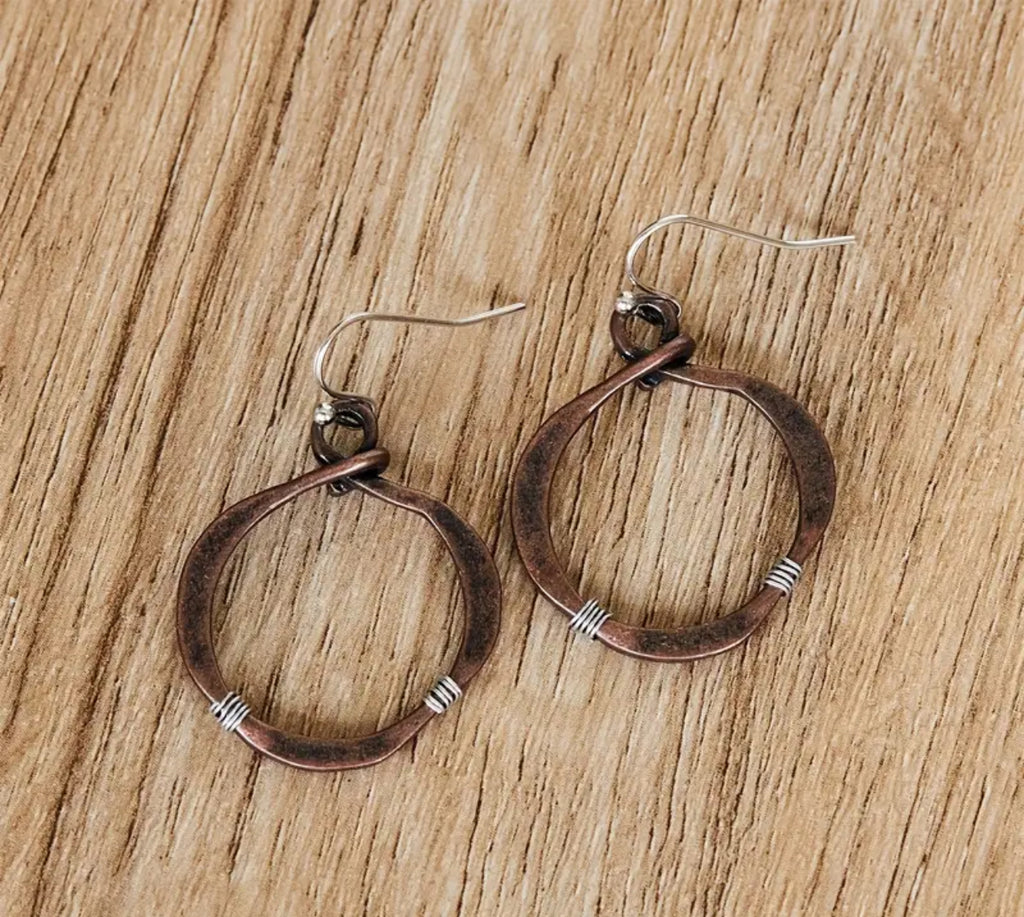 Bronze Circle With Silver Wrap Earrings - Catching Fireflies Boutique