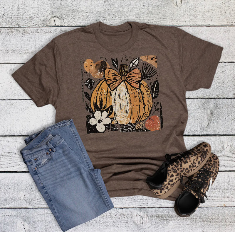 Boho Pumpkin With Bow Plus Floral Heather Brown Graphic Tee (Size 2X) - Catching Fireflies Boutique
