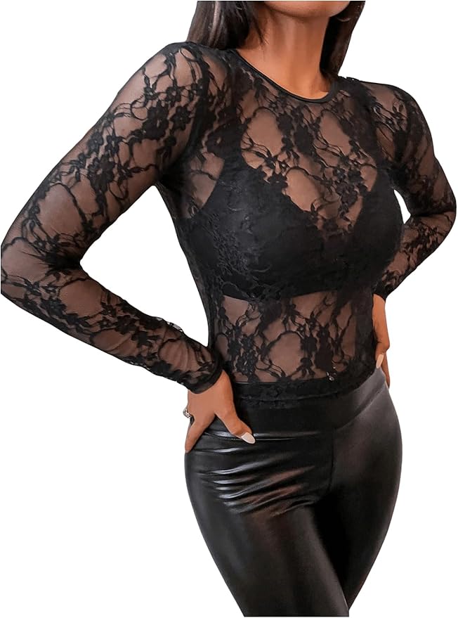 @/ I See You Black Lace See Through Layering Top (Size Small)