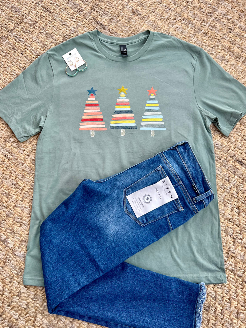 / Sage Striped Christmas Tree Bella Canvas Tee