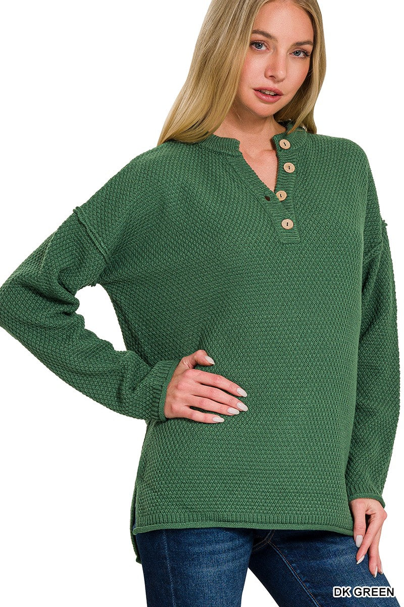 @/ Henley Heaven Dark Green Button Sweater (Size L/XL)