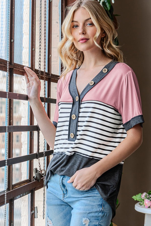 / Getting Your Groove On Solid & Stripe Dusty Rose Top