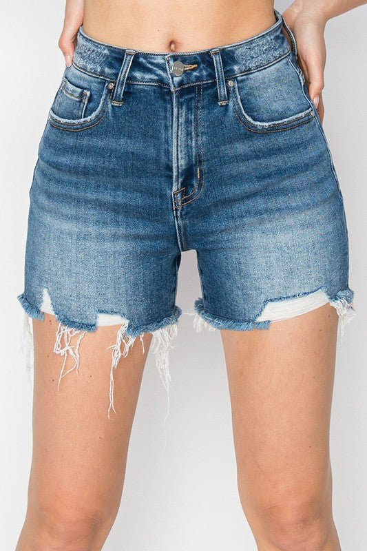 @* Elliana High Rise Clean Cut Hem Risen Distressed Shorts