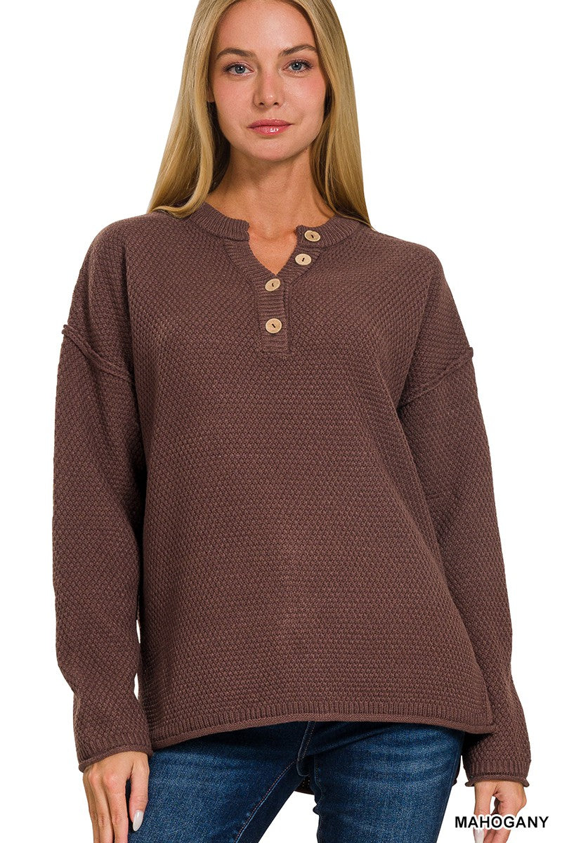 @/ Henley Heaven Mahogany Button Sweater