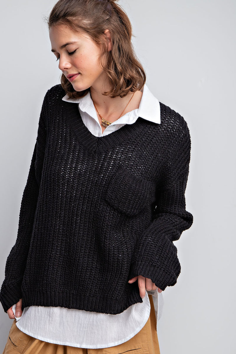 Meant To Knit Black V-Neck Sweater - Catching Fireflies Boutique
