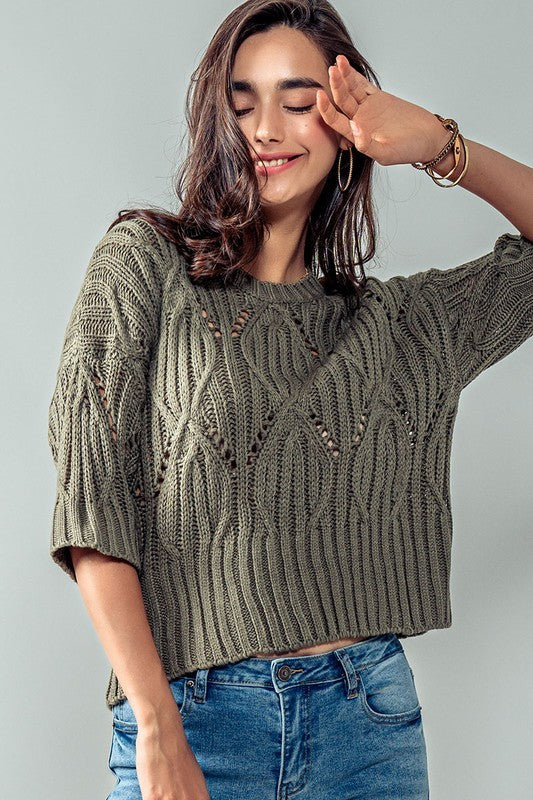 / Morning Breaks Olive Cable Knit Crop Sweater