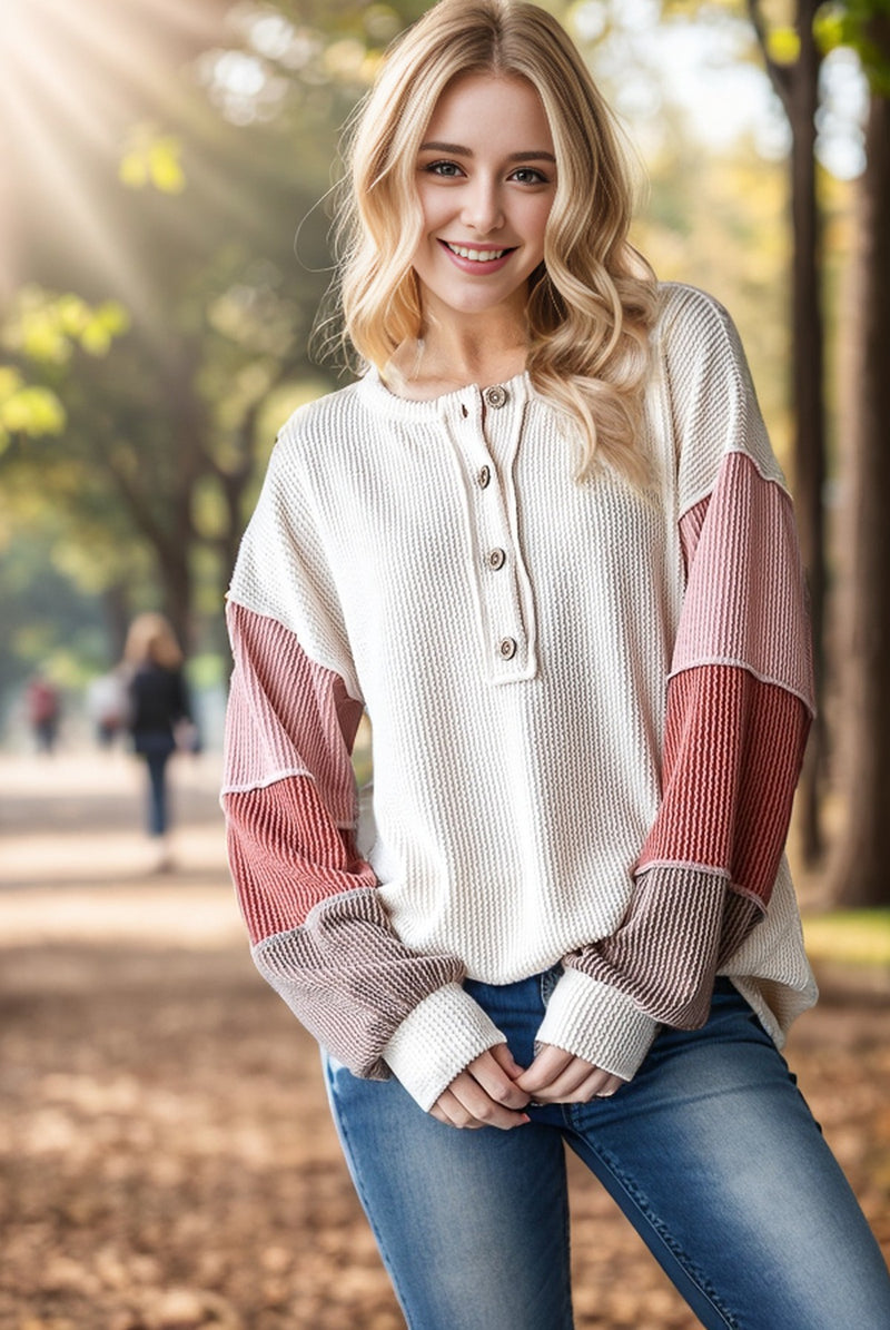 Straight Path Oatmeal Ribbed Color Block Long Sleeve Top