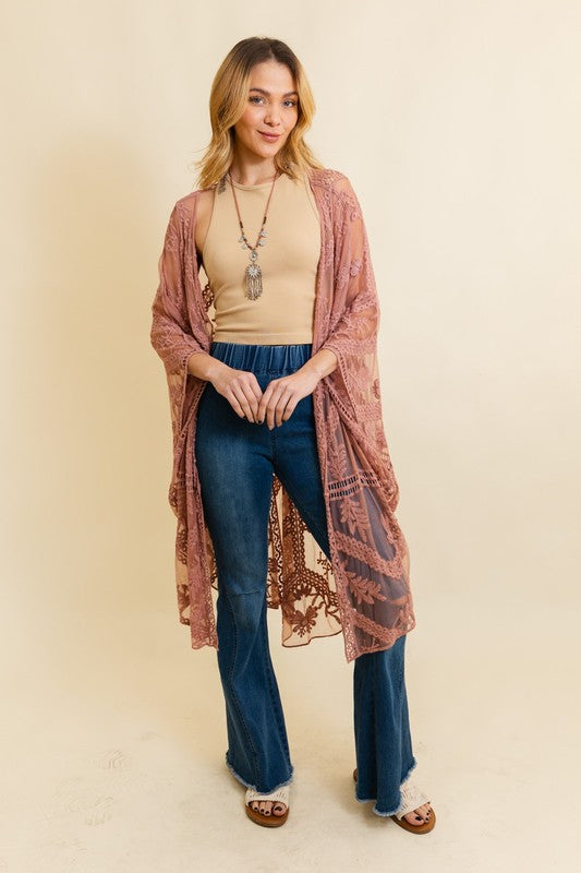 On the Border Rose Embroidered Mesh Leaf Kimono