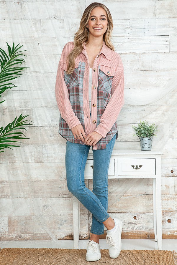 : Pink To Plaid Button Down Shacket Shirt - Catching Fireflies Boutique